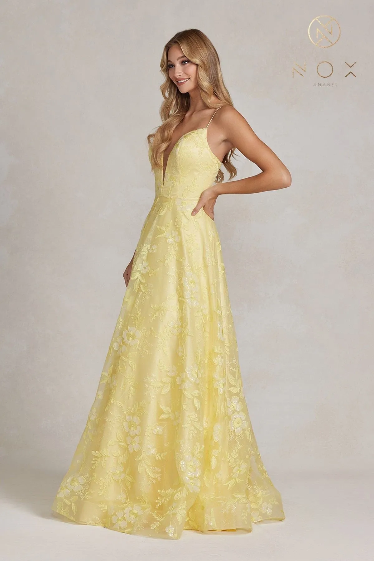 Nox Anabel E1175 Floor Length A-Line Floral Print Gown