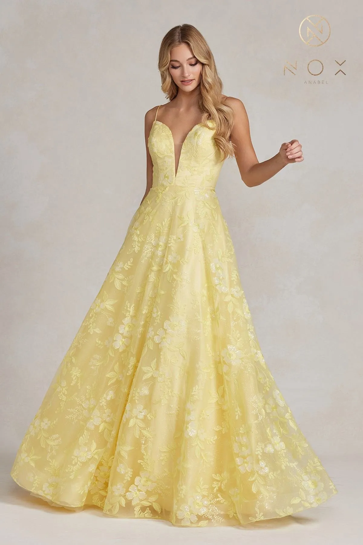 Nox Anabel E1175 Floor Length A-Line Floral Print Gown