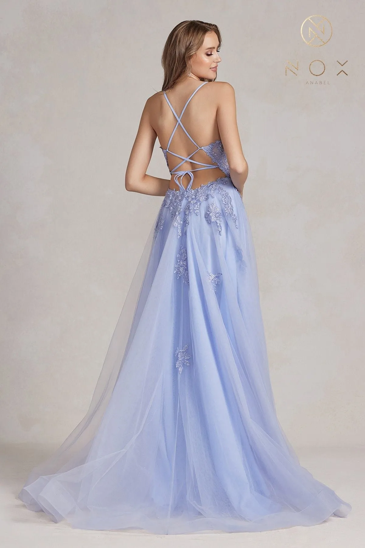 Nox Anabel G1149 Floor Length A-Line Tulle Gown with Slit