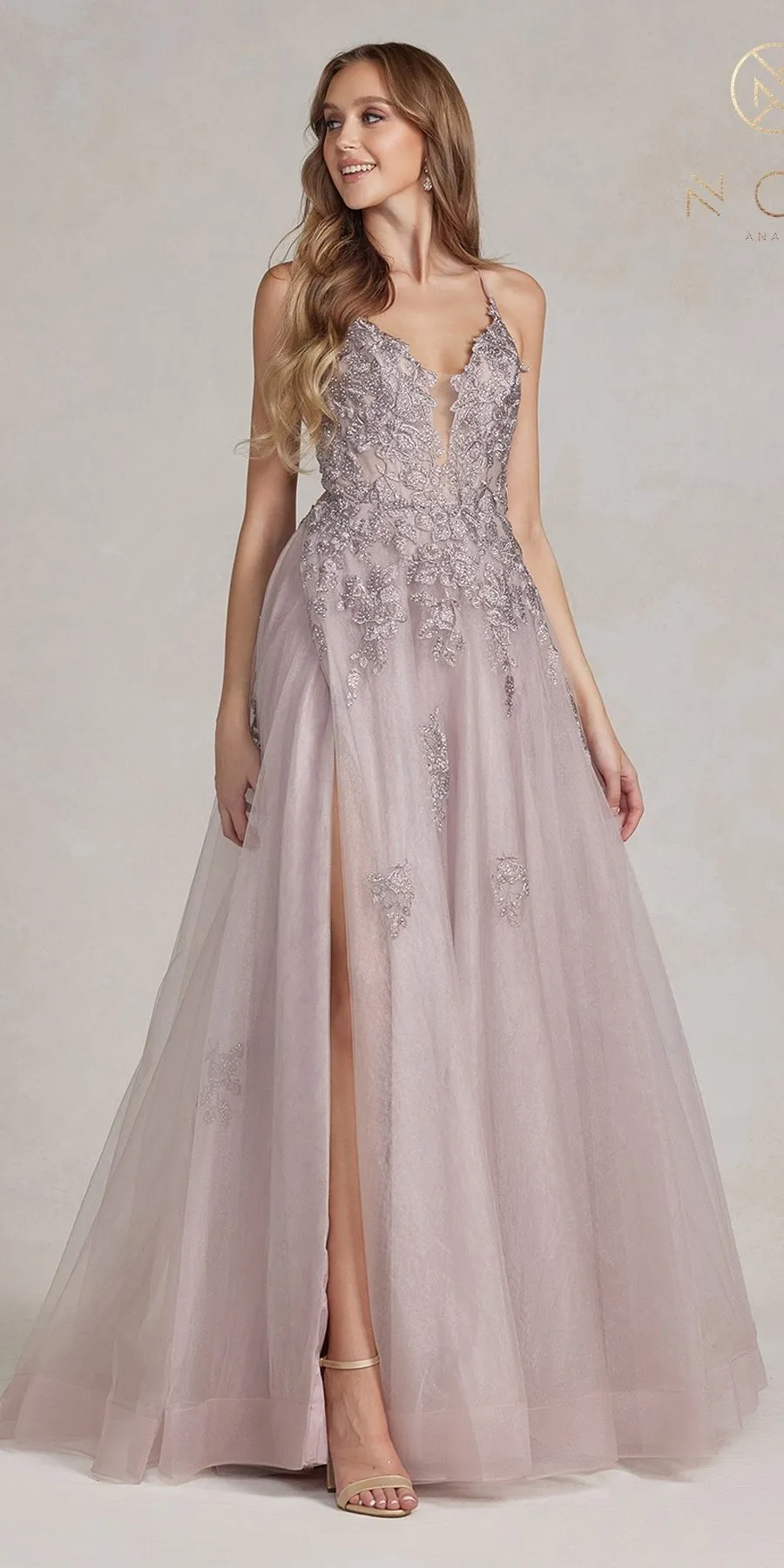 Nox Anabel G1149 Floor Length A-Line Tulle Gown with Slit