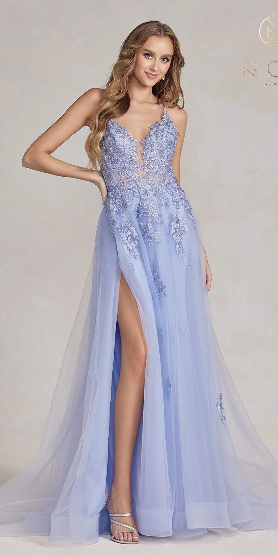 Nox Anabel G1149 Floor Length A-Line Tulle Gown with Slit