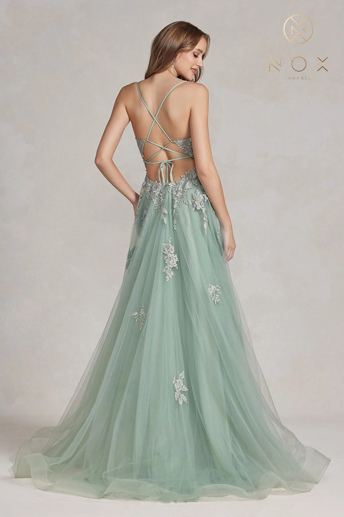 Nox Anabel G1149 Floor Length A-Line Tulle Gown with Slit