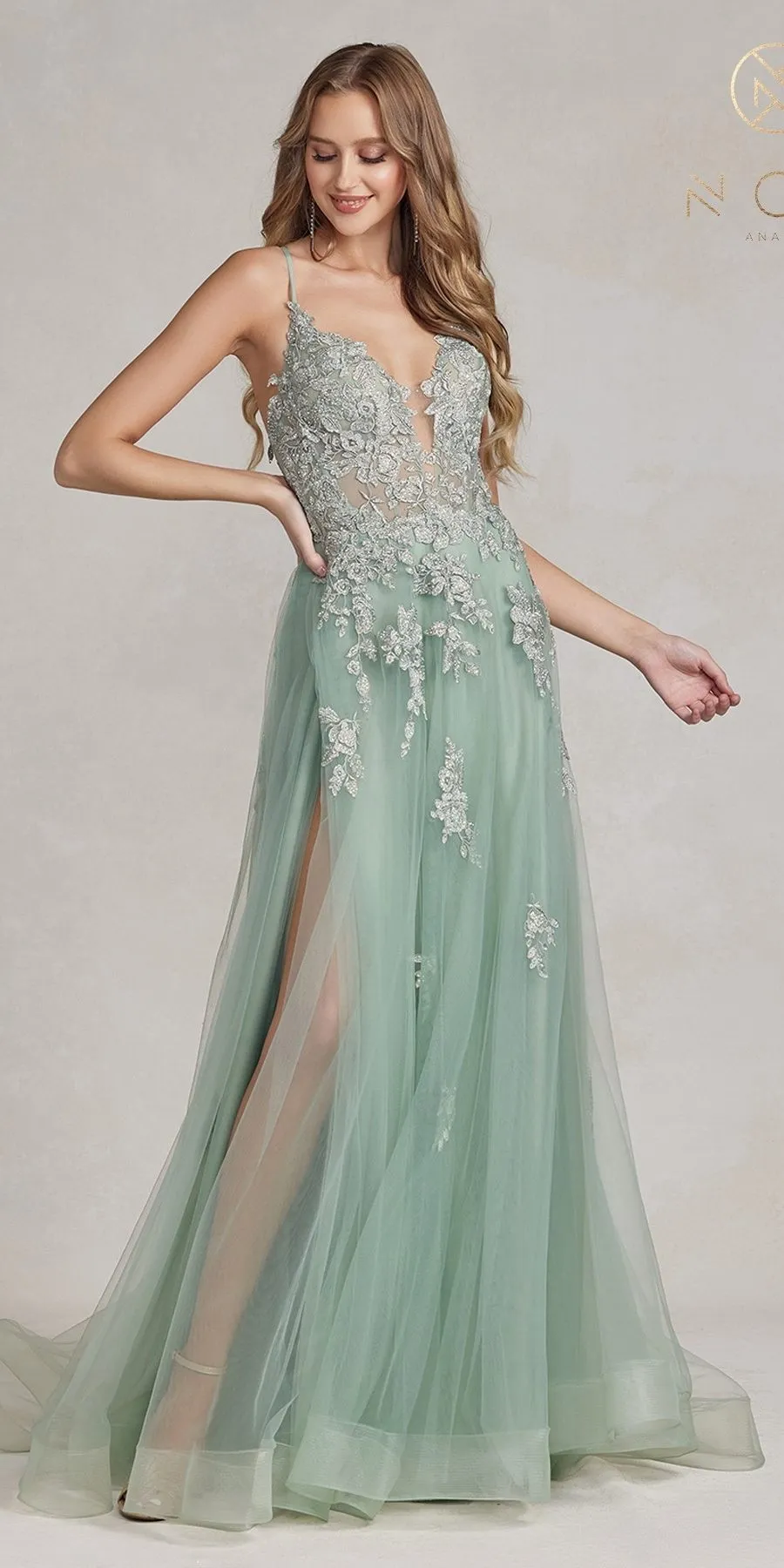 Nox Anabel G1149 Floor Length A-Line Tulle Gown with Slit