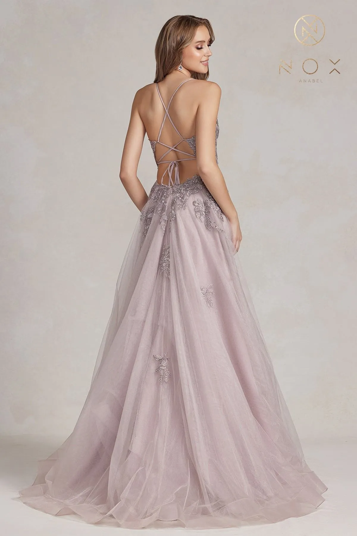 Nox Anabel G1149 Floor Length A-Line Tulle Gown with Slit