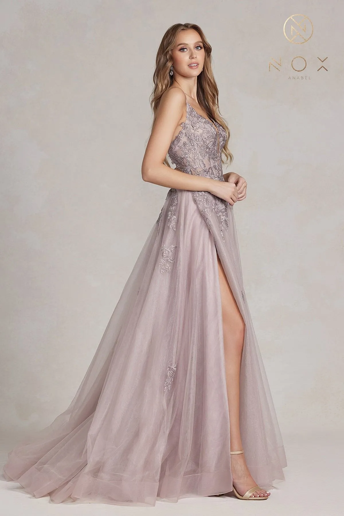 Nox Anabel G1149 Floor Length A-Line Tulle Gown with Slit