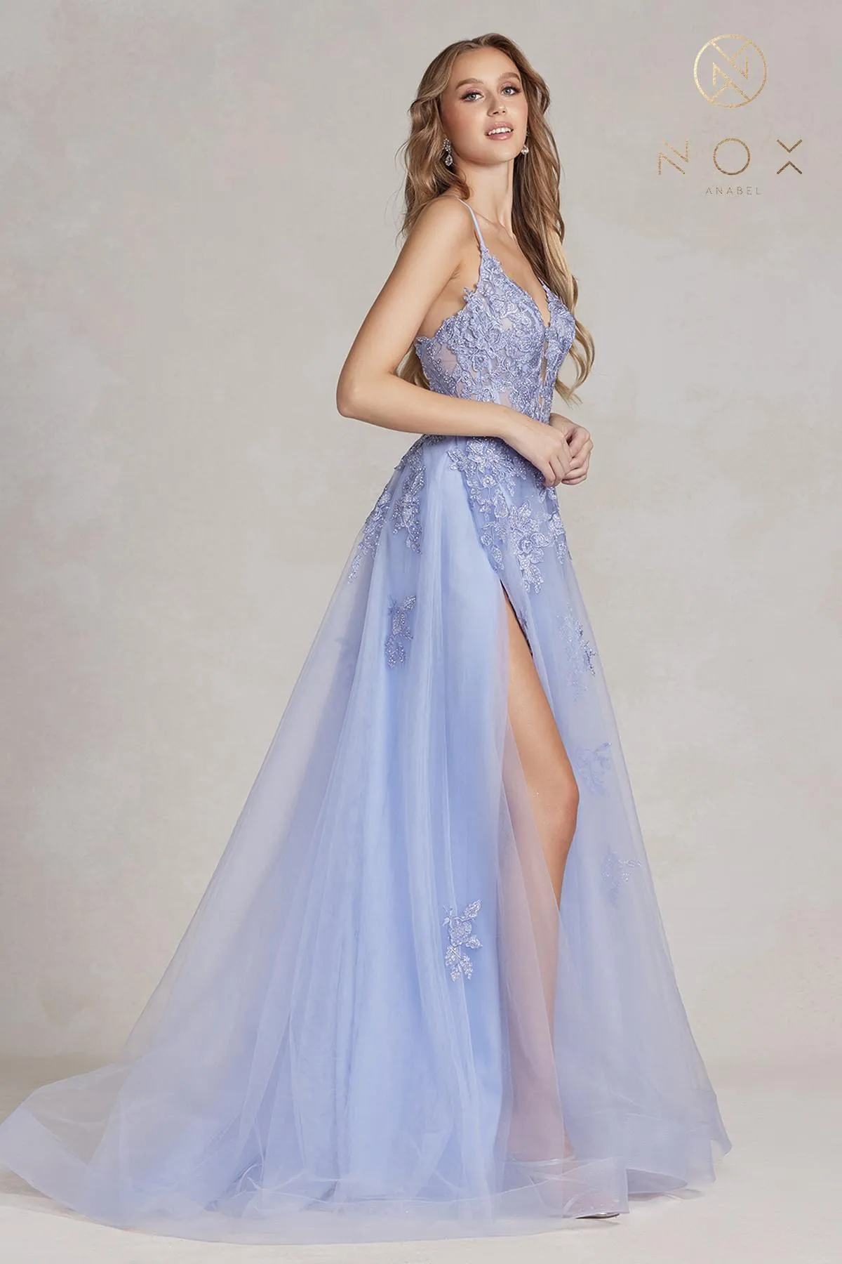 Nox Anabel G1149 Floor Length A-Line Tulle Gown with Slit