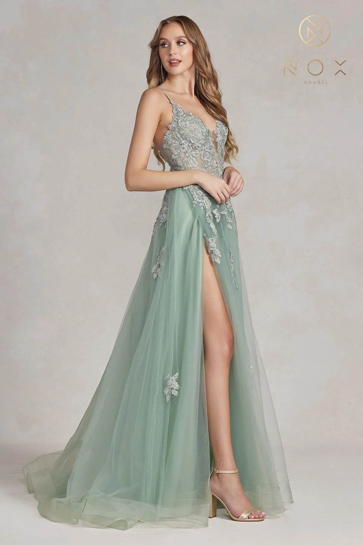 Nox Anabel G1149 Floor Length A-Line Tulle Gown with Slit