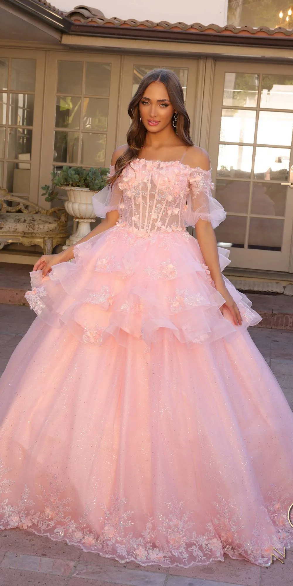 Nox Anabel H1360 Off the Shoulder 3D Floral A-Line Gown Removable Skirt