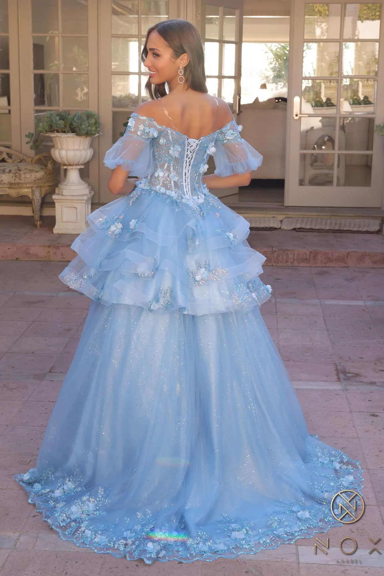 Nox Anabel H1360 Off the Shoulder 3D Floral A-Line Gown Removable Skirt