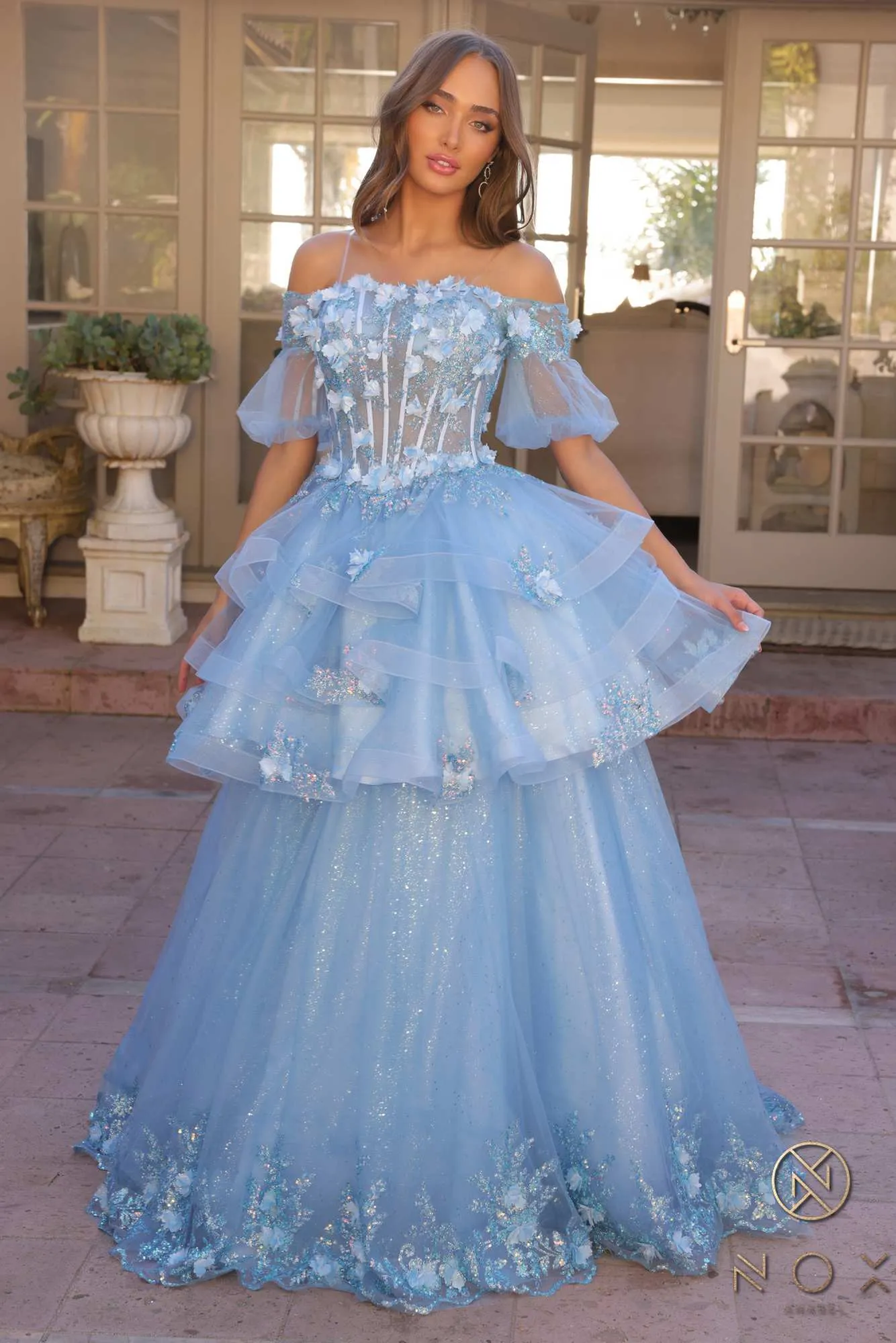 Nox Anabel H1360 Off the Shoulder 3D Floral A-Line Gown Removable Skirt