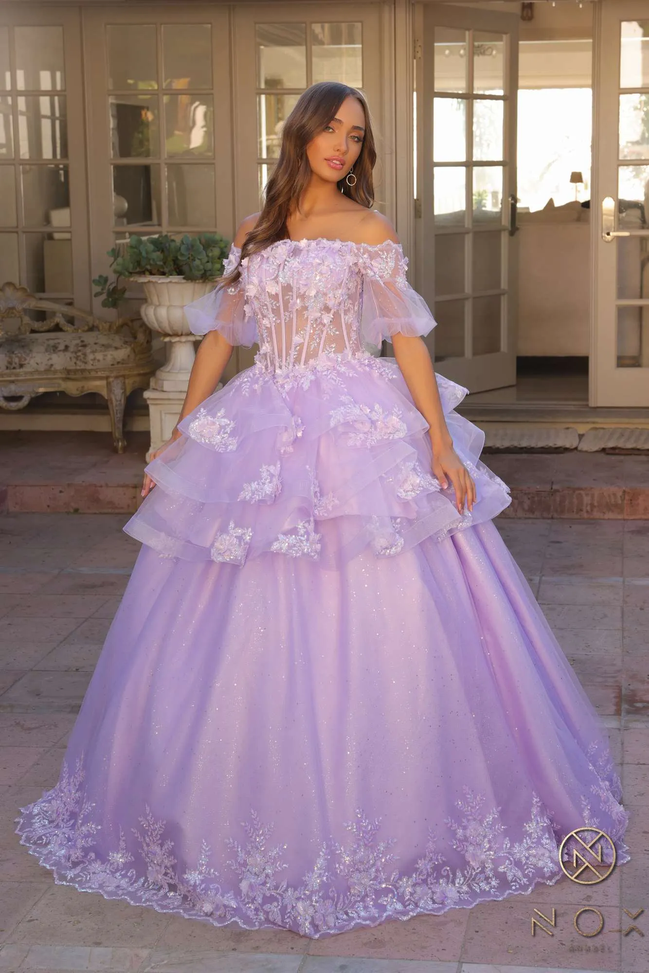 Nox Anabel H1360 Off the Shoulder 3D Floral A-Line Gown Removable Skirt