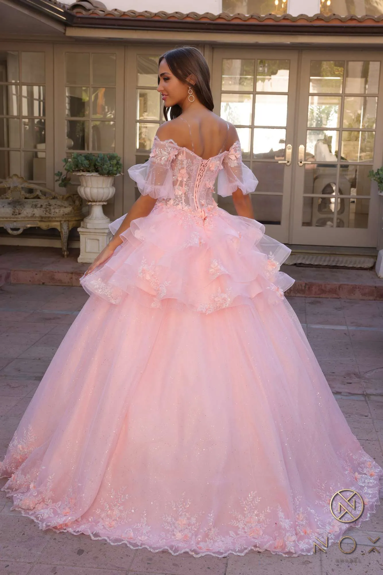 Nox Anabel H1360 Off the Shoulder 3D Floral A-Line Gown Removable Skirt