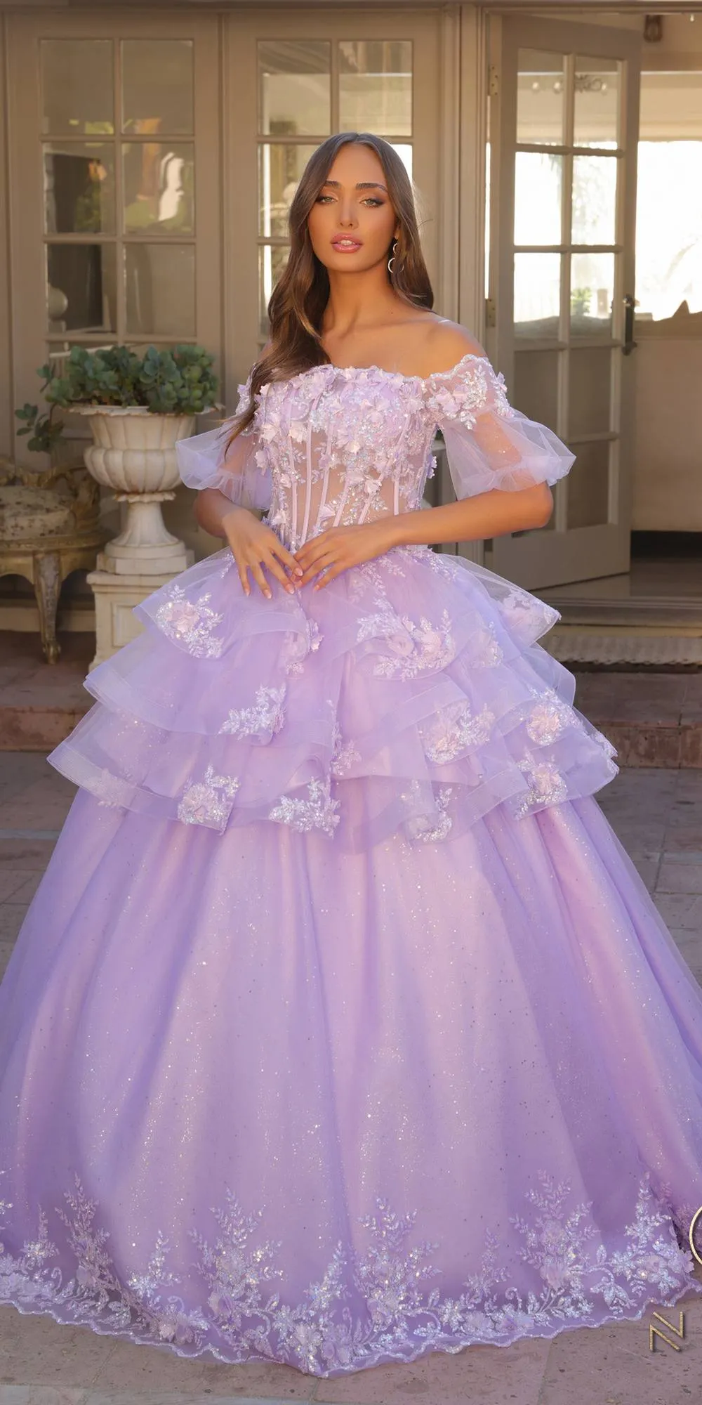 Nox Anabel H1360 Off the Shoulder 3D Floral A-Line Gown Removable Skirt
