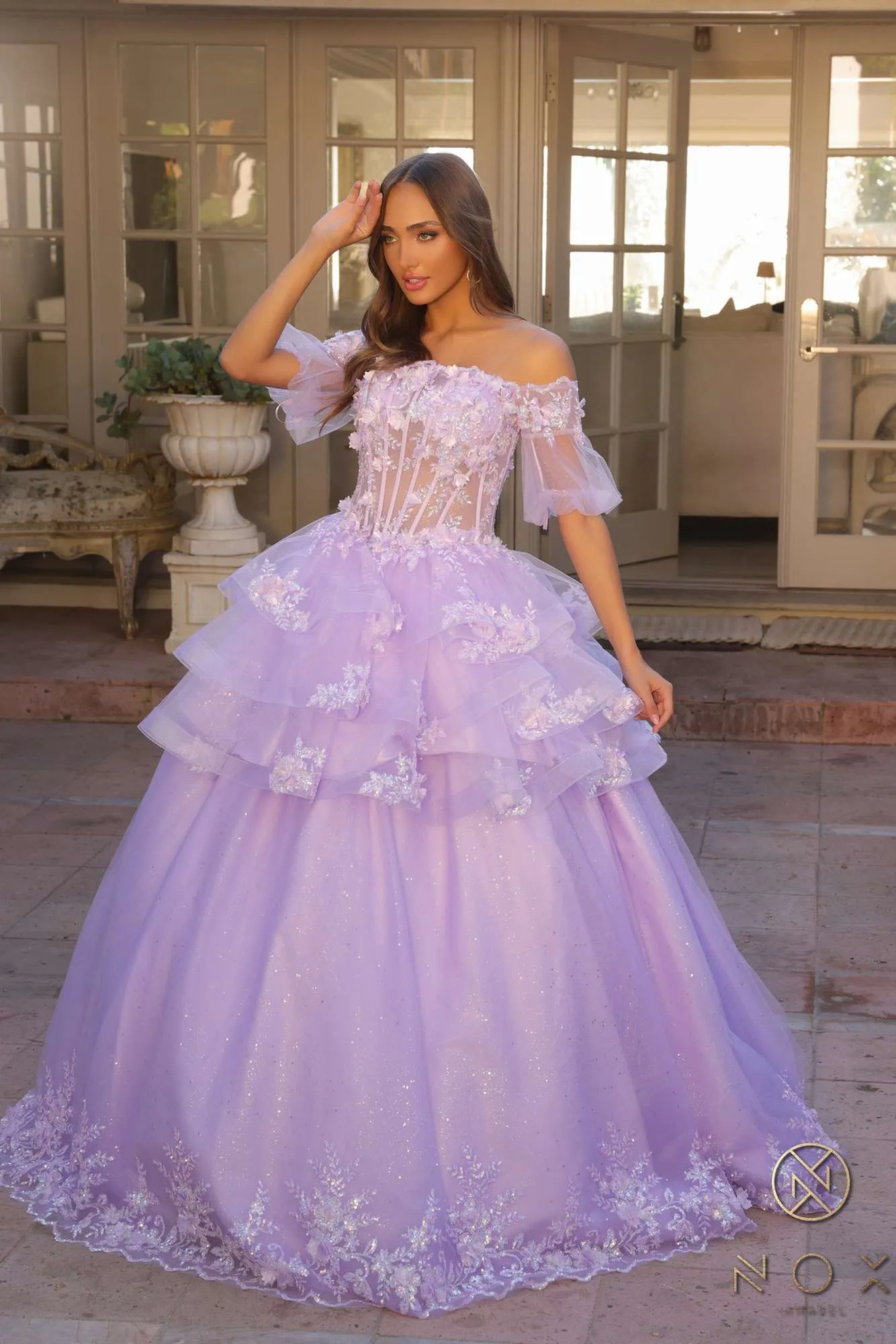 Nox Anabel H1360 Off the Shoulder 3D Floral A-Line Gown Removable Skirt