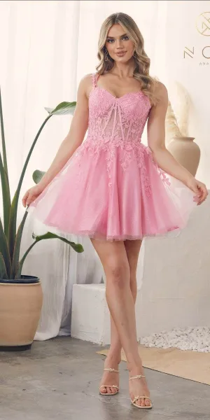 Nox Anabel H784 Short A-Line Sheer Corset Bodice Tulle Skirt Dress