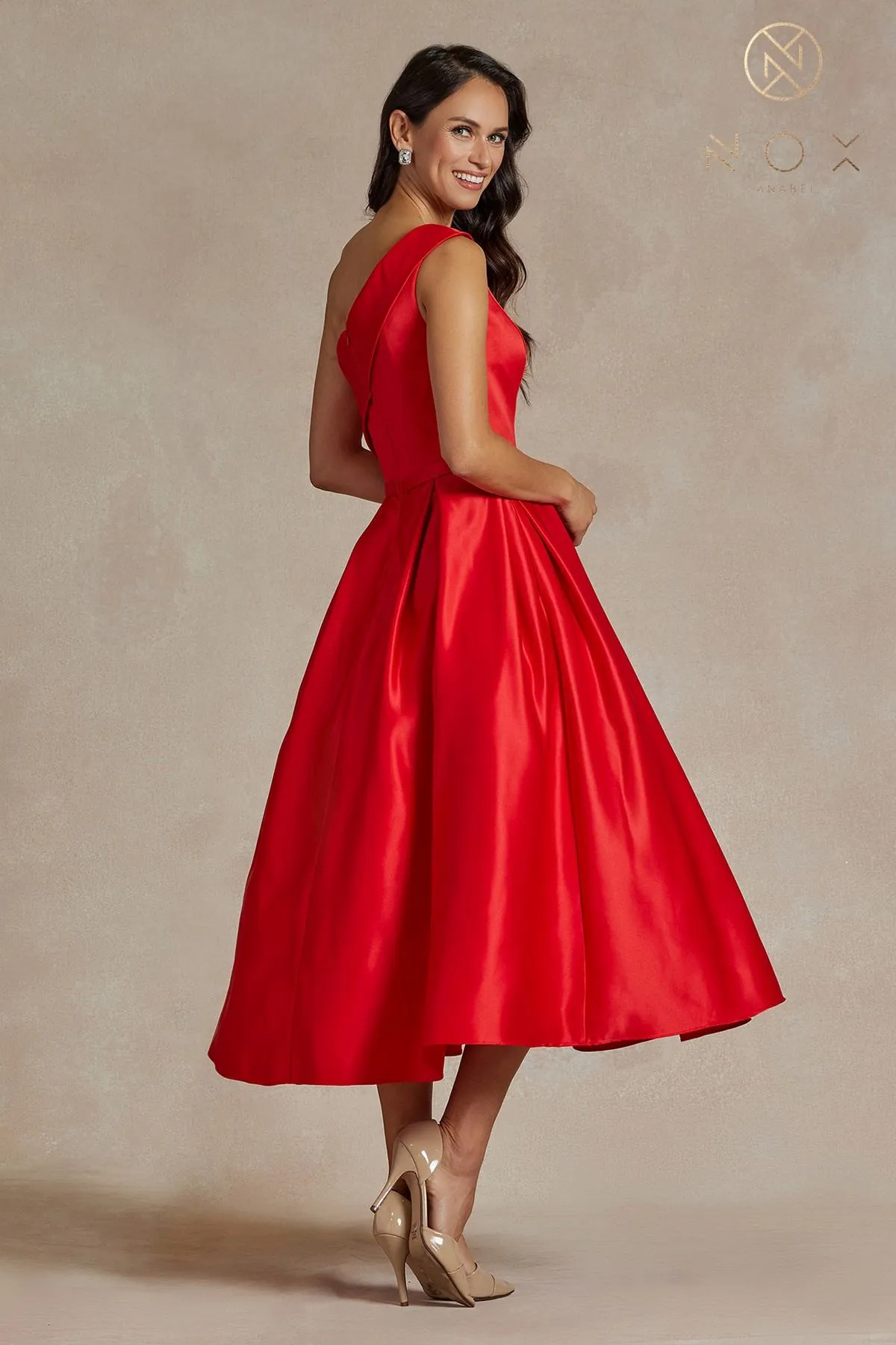 Nox Anabel JE931 One Shoulder Satin Tea Length Gown