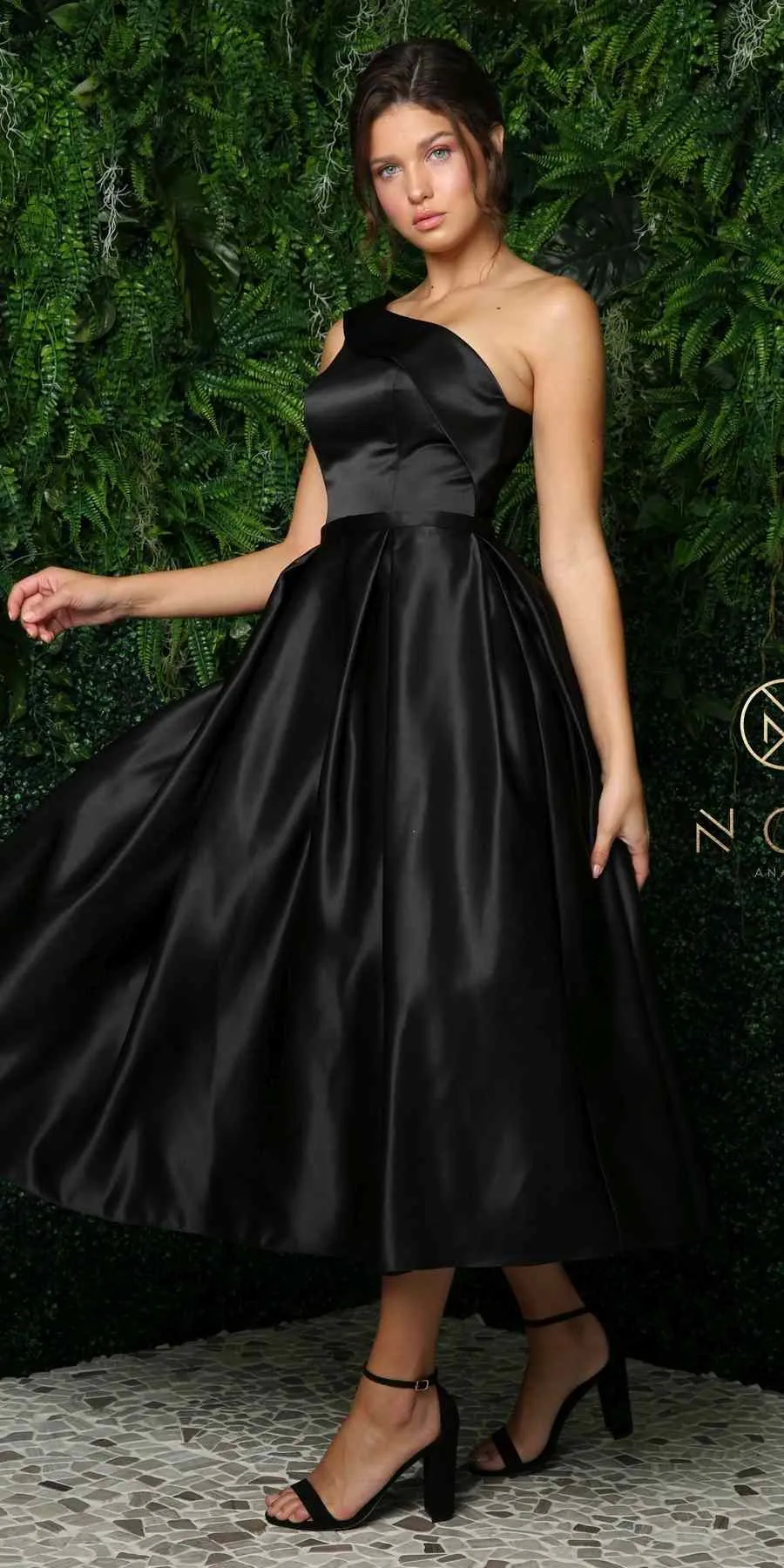 Nox Anabel JE931 One Shoulder Satin Tea Length Gown