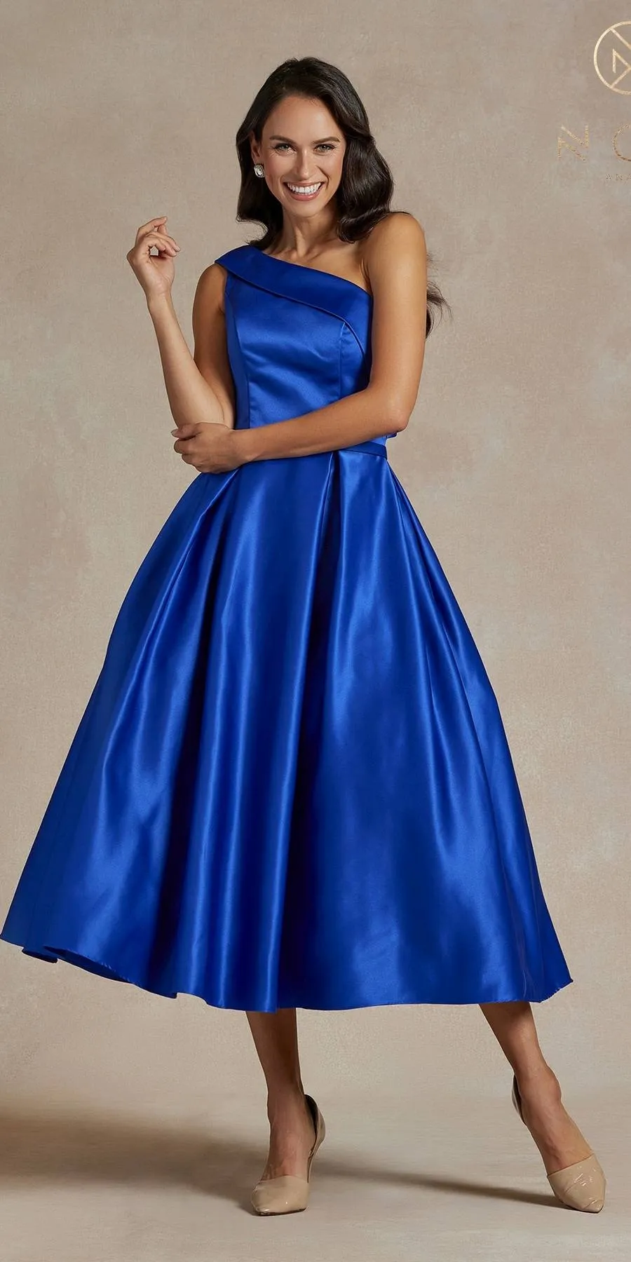 Nox Anabel JE931 One Shoulder Satin Tea Length Gown