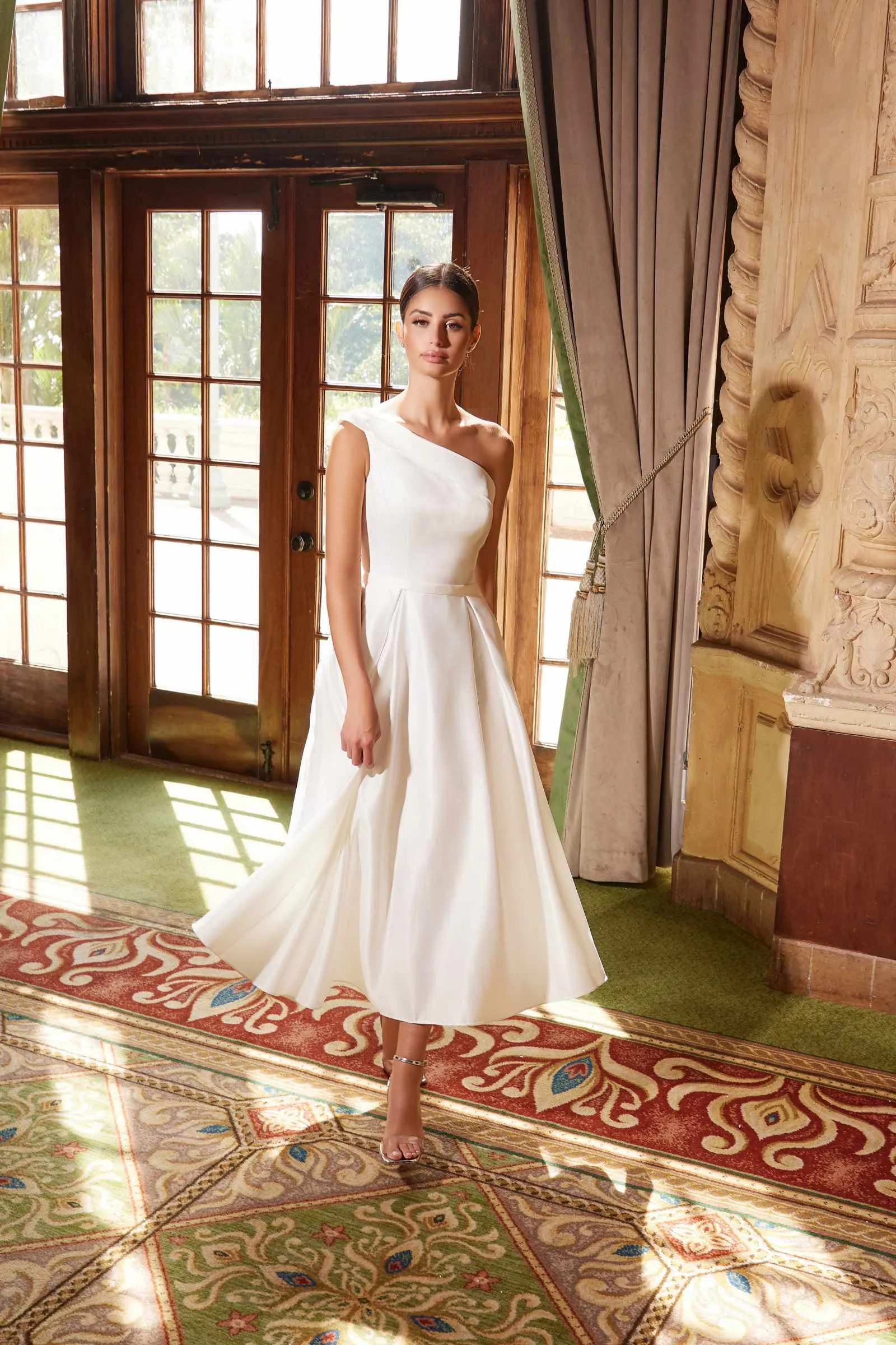 Nox Anabel JE931 One Shoulder Satin Tea Length Gown