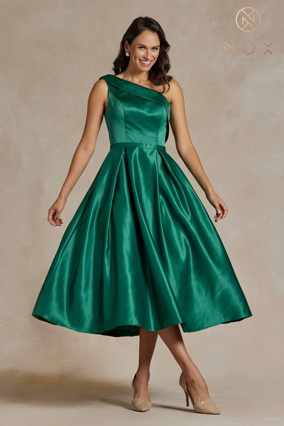 Nox Anabel JE931 One Shoulder Satin Tea Length Gown