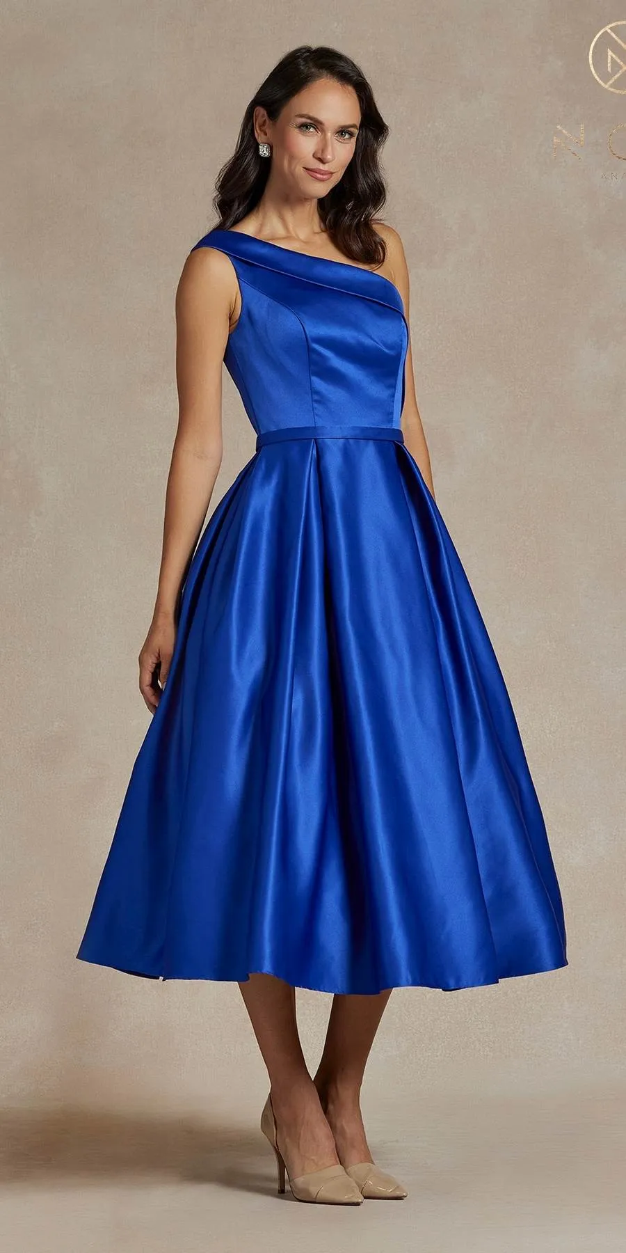 Nox Anabel JE931 One Shoulder Satin Tea Length Gown