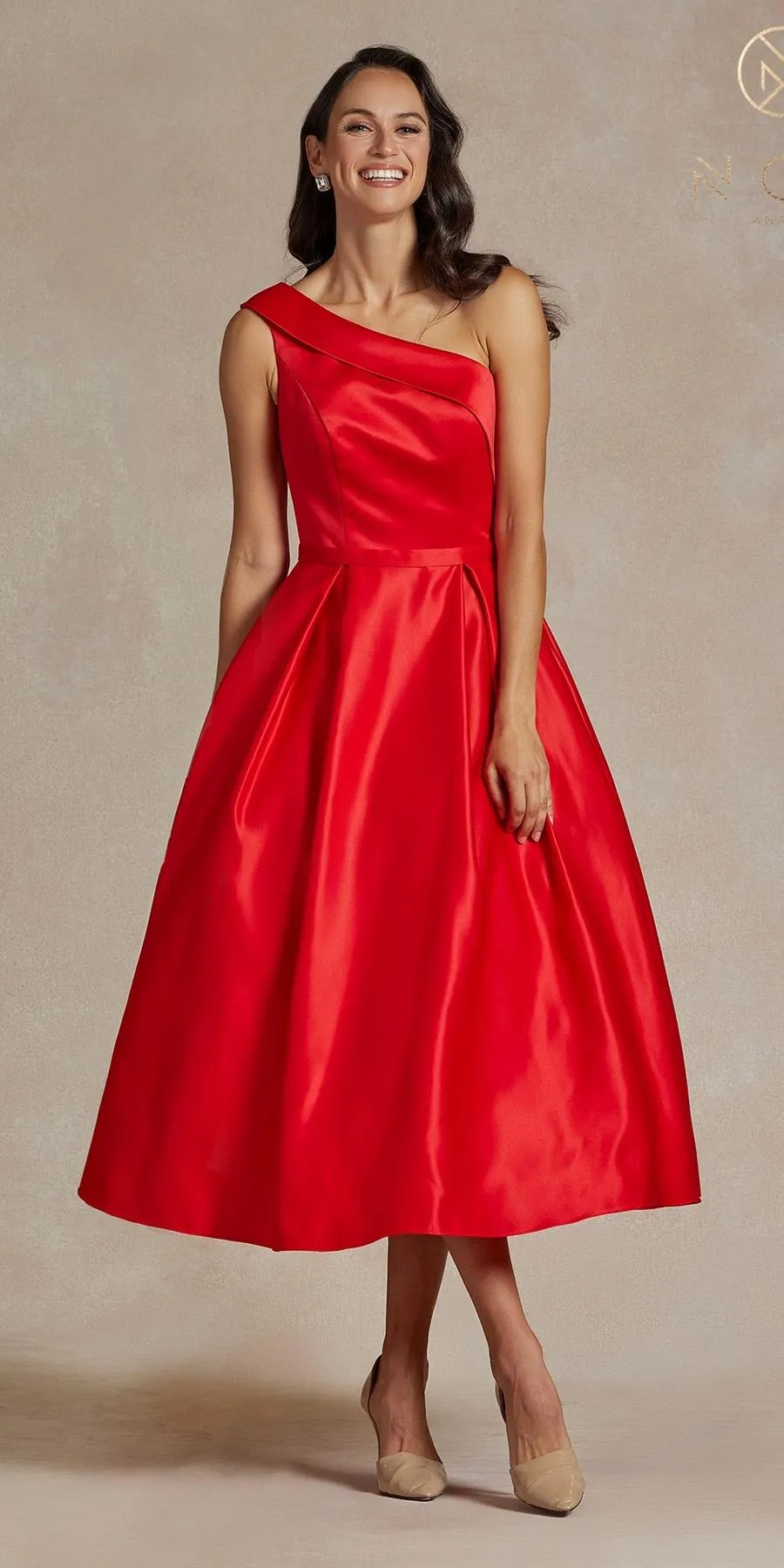 Nox Anabel JE931 One Shoulder Satin Tea Length Gown