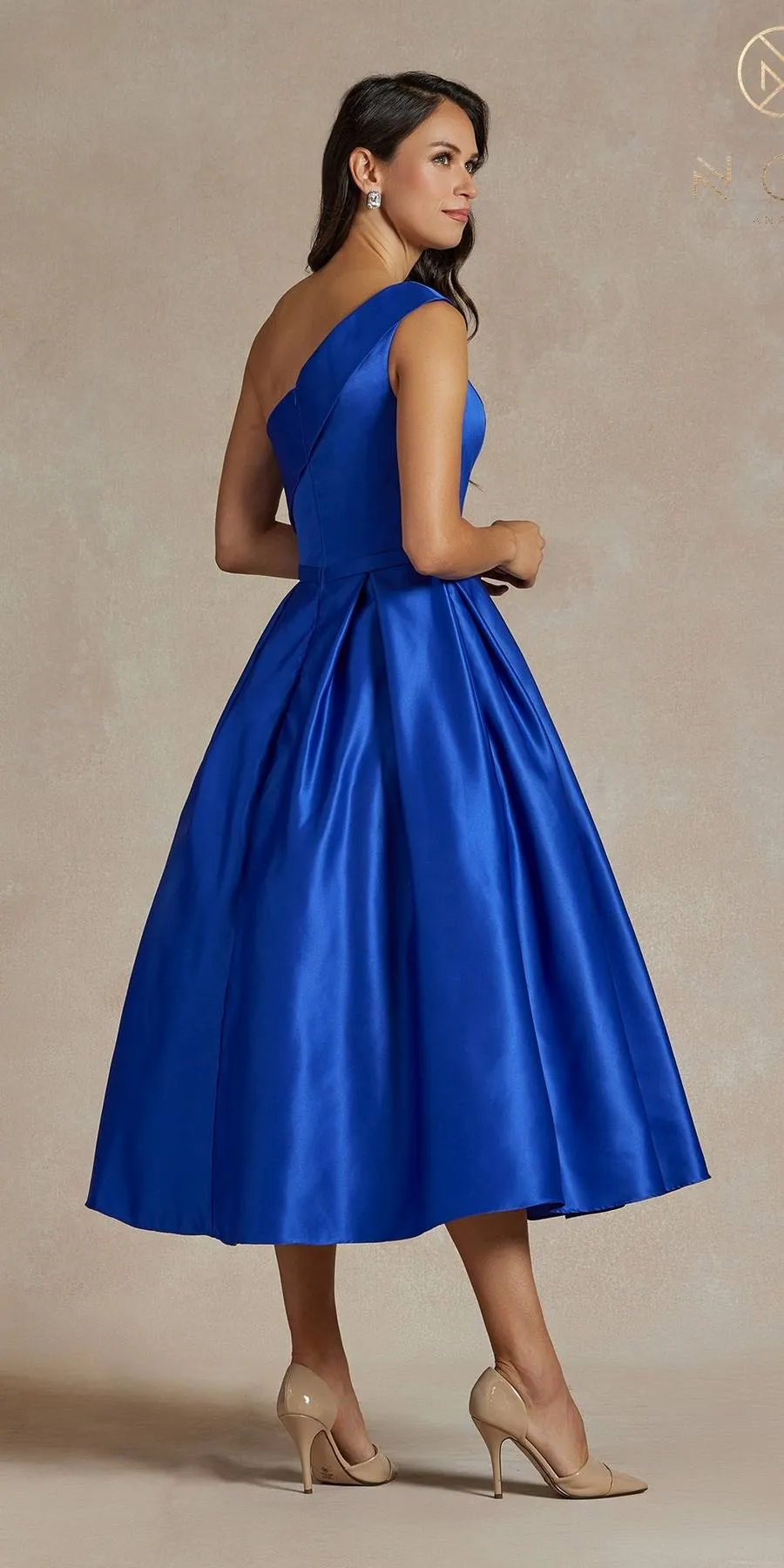 Nox Anabel JE931 One Shoulder Satin Tea Length Gown