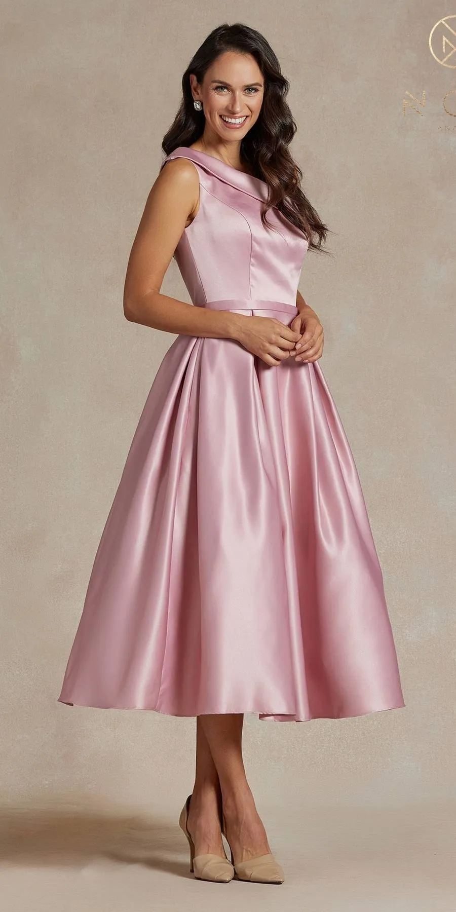 Nox Anabel JE931 One Shoulder Satin Tea Length Gown