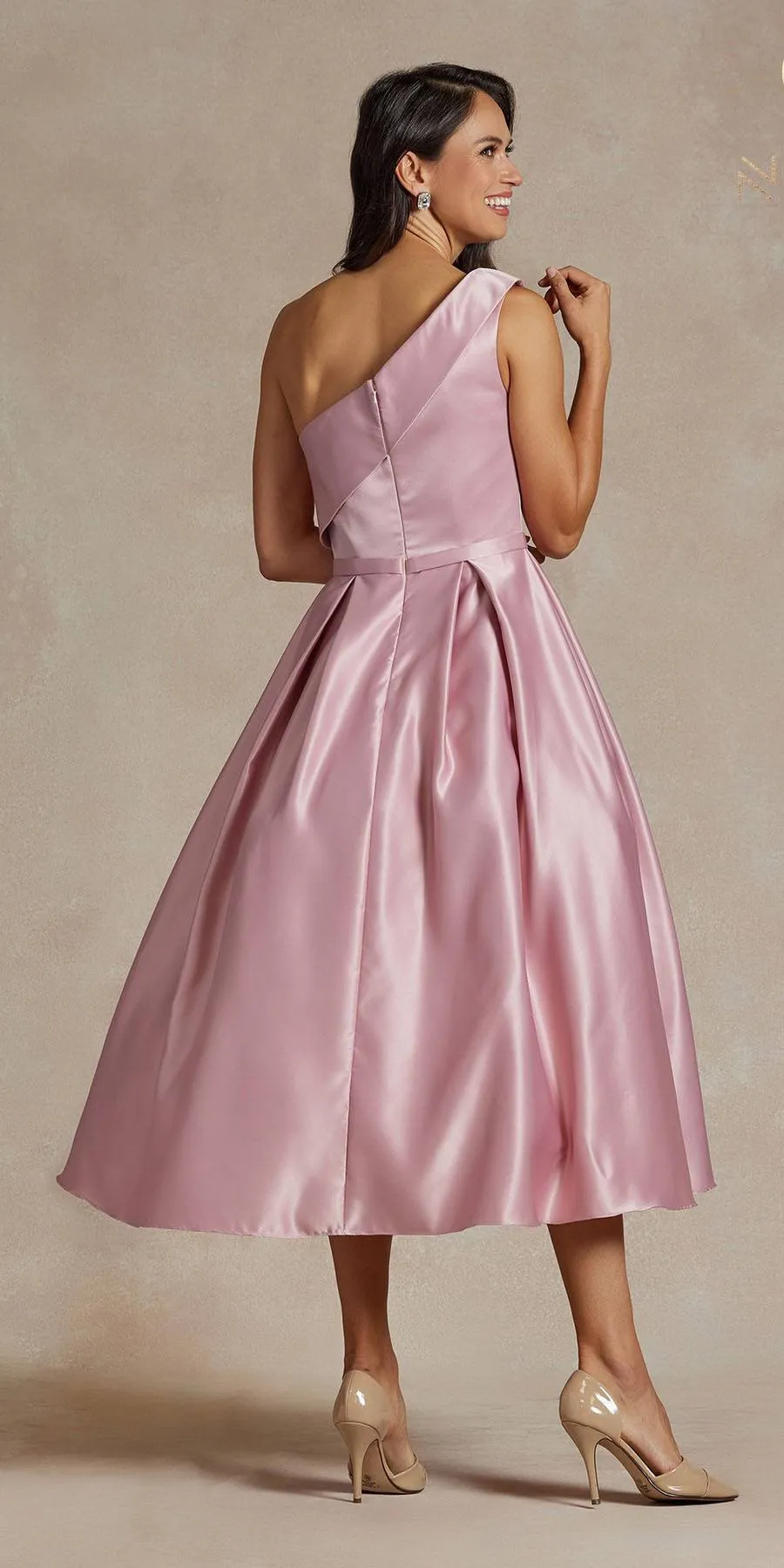 Nox Anabel JE931 One Shoulder Satin Tea Length Gown