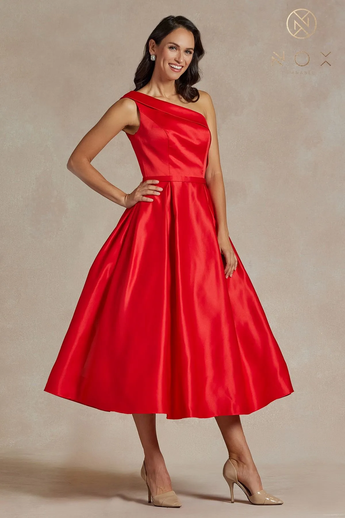 Nox Anabel JE931 One Shoulder Satin Tea Length Gown