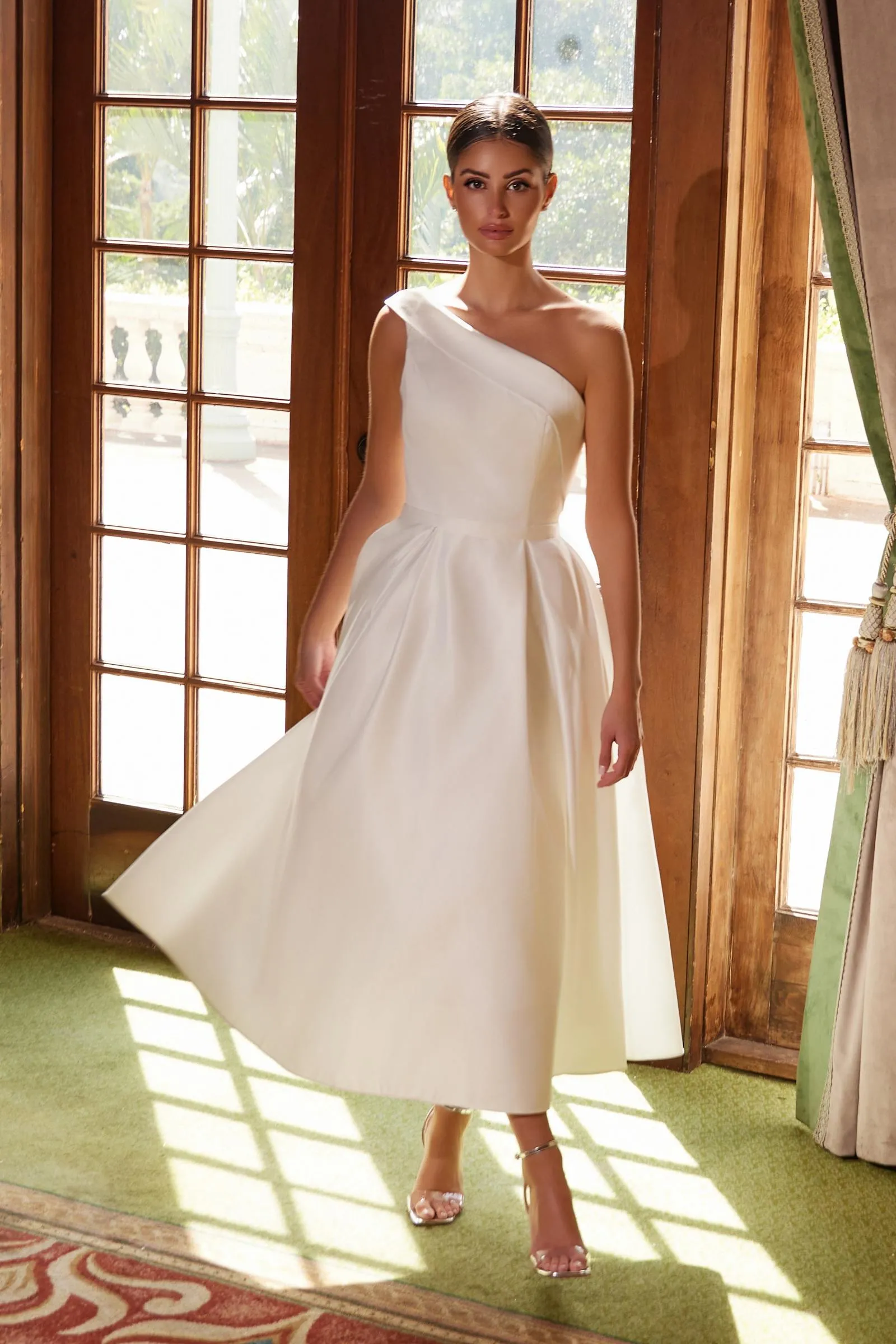 Nox Anabel JE931 One Shoulder Satin Tea Length Gown