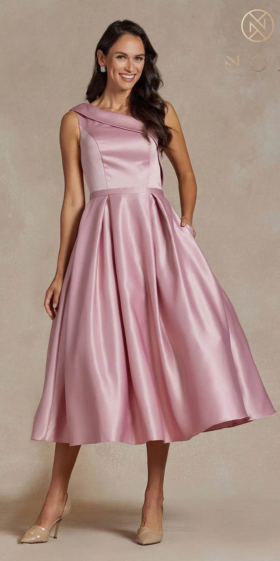 Nox Anabel JE931 One Shoulder Satin Tea Length Gown