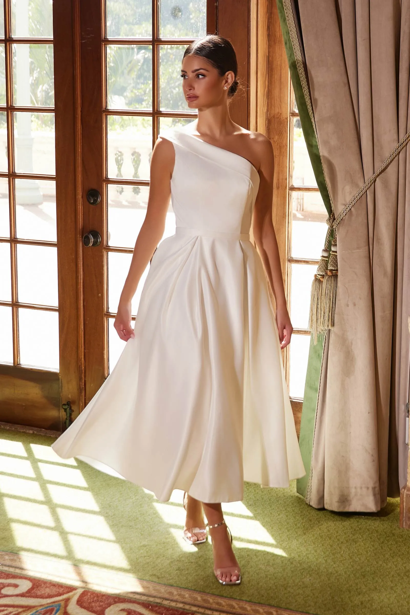 Nox Anabel JE931 One Shoulder Satin Tea Length Gown