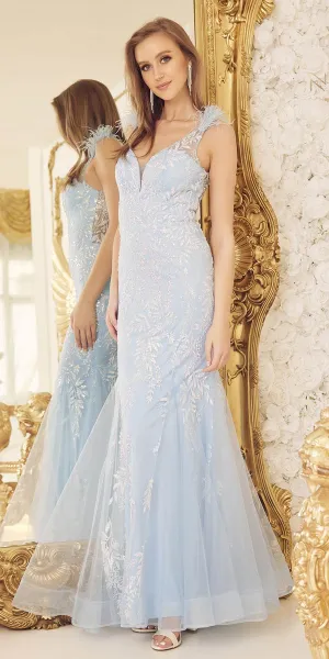 Nox Anabel T1208 Long Mermaid Gown with Feather Straps