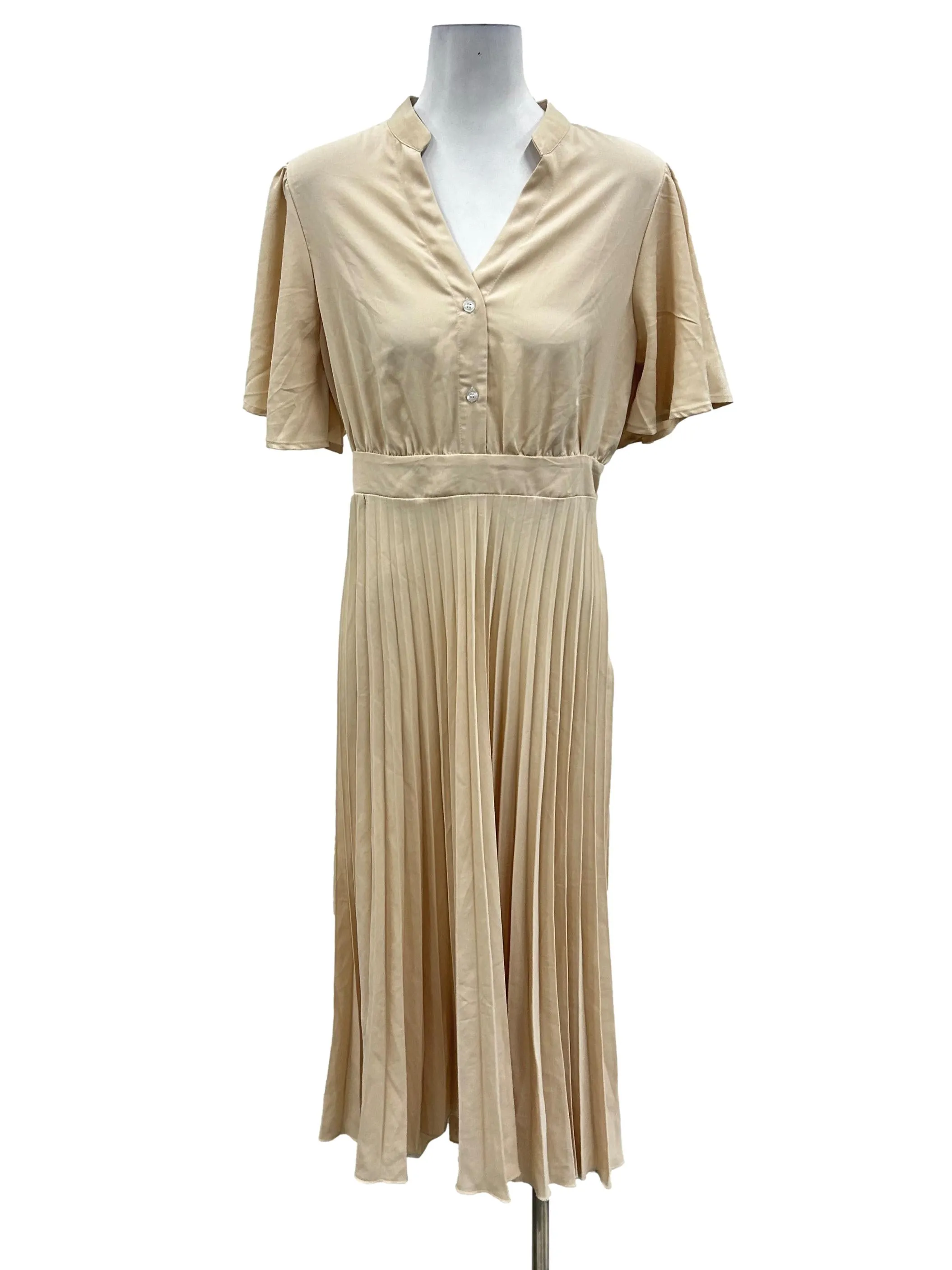 Nude Flare Sleeve Pleated Dress