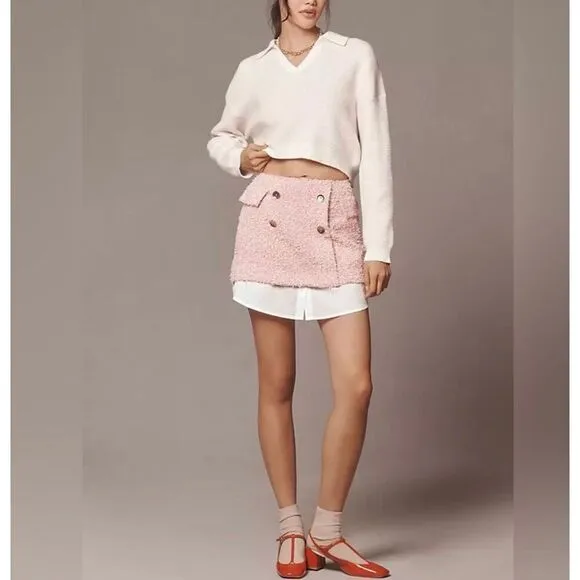 NWT Anthropologie Maeve Mini Skirt 12 Pink Layered Tweed Gold Button Preppy Whit