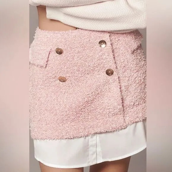 NWT Anthropologie Maeve Mini Skirt 12 Pink Layered Tweed Gold Button Preppy Whit