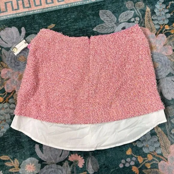 NWT Anthropologie Maeve Mini Skirt 12 Pink Layered Tweed Gold Button Preppy Whit