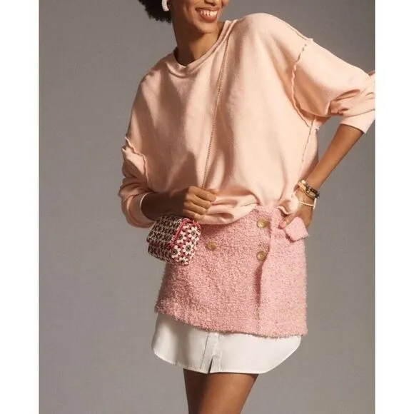 NWT Anthropologie Maeve Mini Skirt 12 Pink Layered Tweed Gold Button Preppy Whit