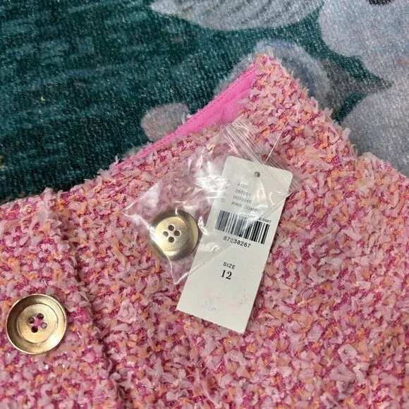 NWT Anthropologie Maeve Mini Skirt 12 Pink Layered Tweed Gold Button Preppy Whit