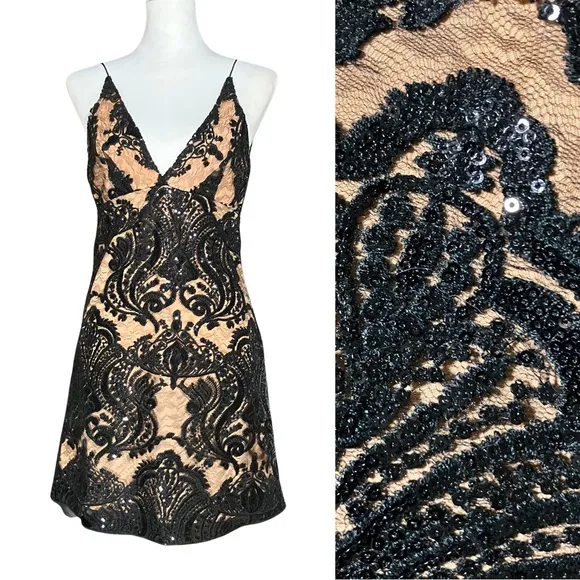 NWT Free People Black Lace Sequin Cocktail Party Mini Dress. Sz 0 XS. Whimsigoth