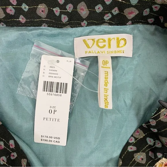 NWT Verb Pallavi Singhee Margot Pleated Maxi Skirt Metallic Mix Print 0 Petite