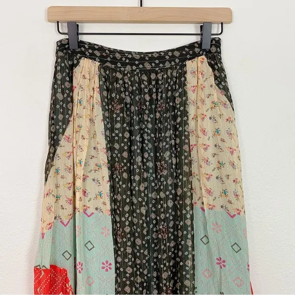NWT Verb Pallavi Singhee Margot Pleated Maxi Skirt Metallic Mix Print 0 Petite