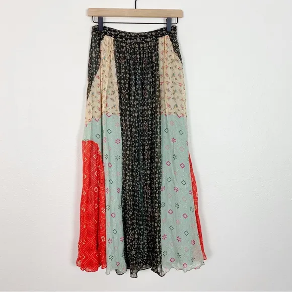 NWT Verb Pallavi Singhee Margot Pleated Maxi Skirt Metallic Mix Print 0 Petite