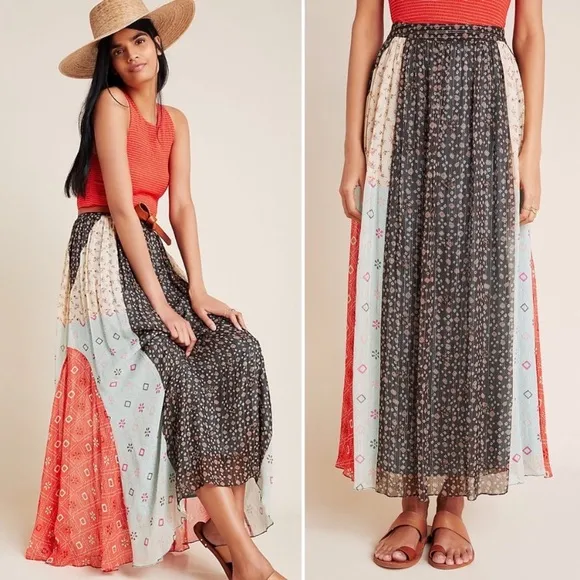 NWT Verb Pallavi Singhee Margot Pleated Maxi Skirt Metallic Mix Print 0 Petite