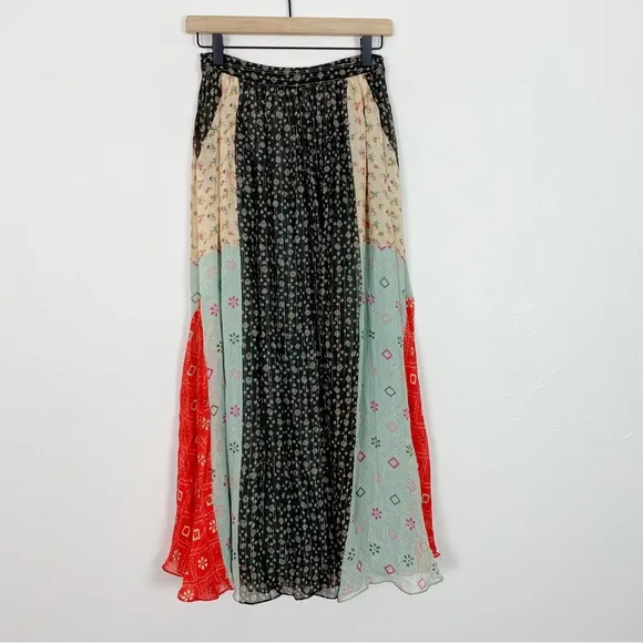 NWT Verb Pallavi Singhee Margot Pleated Maxi Skirt Metallic Mix Print 0 Petite