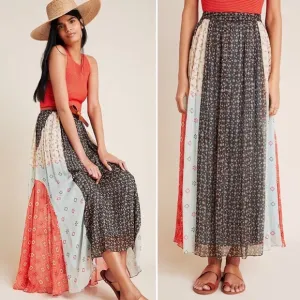 NWT Verb Pallavi Singhee Margot Pleated Maxi Skirt Metallic Mix Print 0 Petite