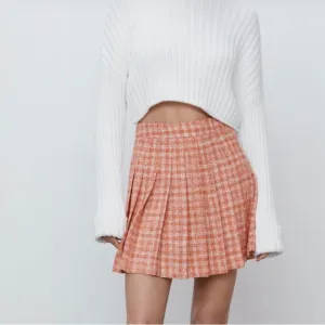 😊NWT Zara Women Plaid Pleated Front Regular Fit Short Skater Skirt Size S