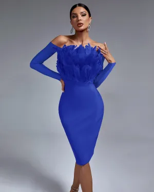 Off Shoulder Feather Midi Bandage Dress