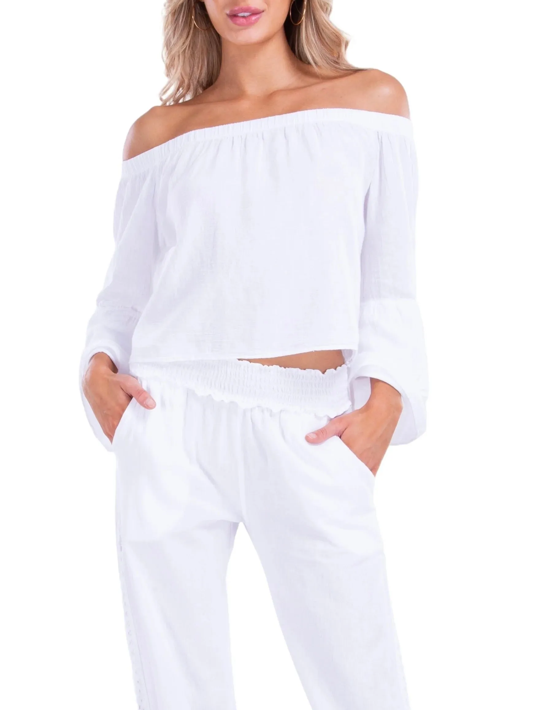 Off Shoulder Flare Sleeve Top - White FINAL SALE